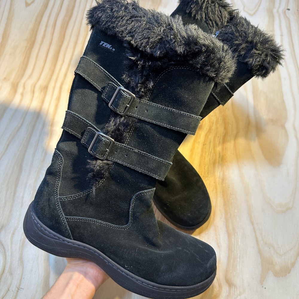 Totes Women 9.5 Black Suede Faux Fur Waterproof Mid Calf Buckle Boots 290472